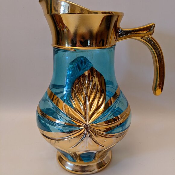 Vintage RARE Imperial Glass Blue & Gold Pitcher Set - Pitcher Jug 4 Goblets - Picture 3 of 13